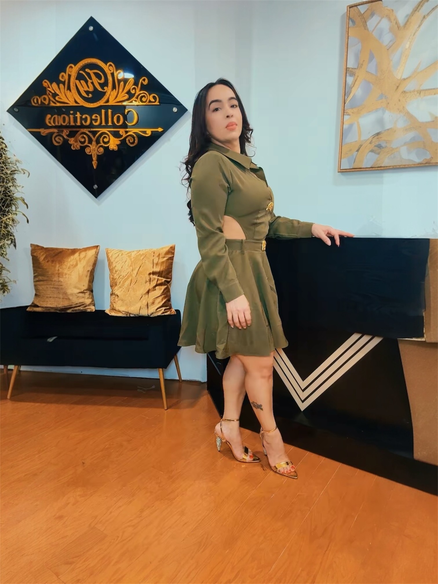 Down mini dress olive