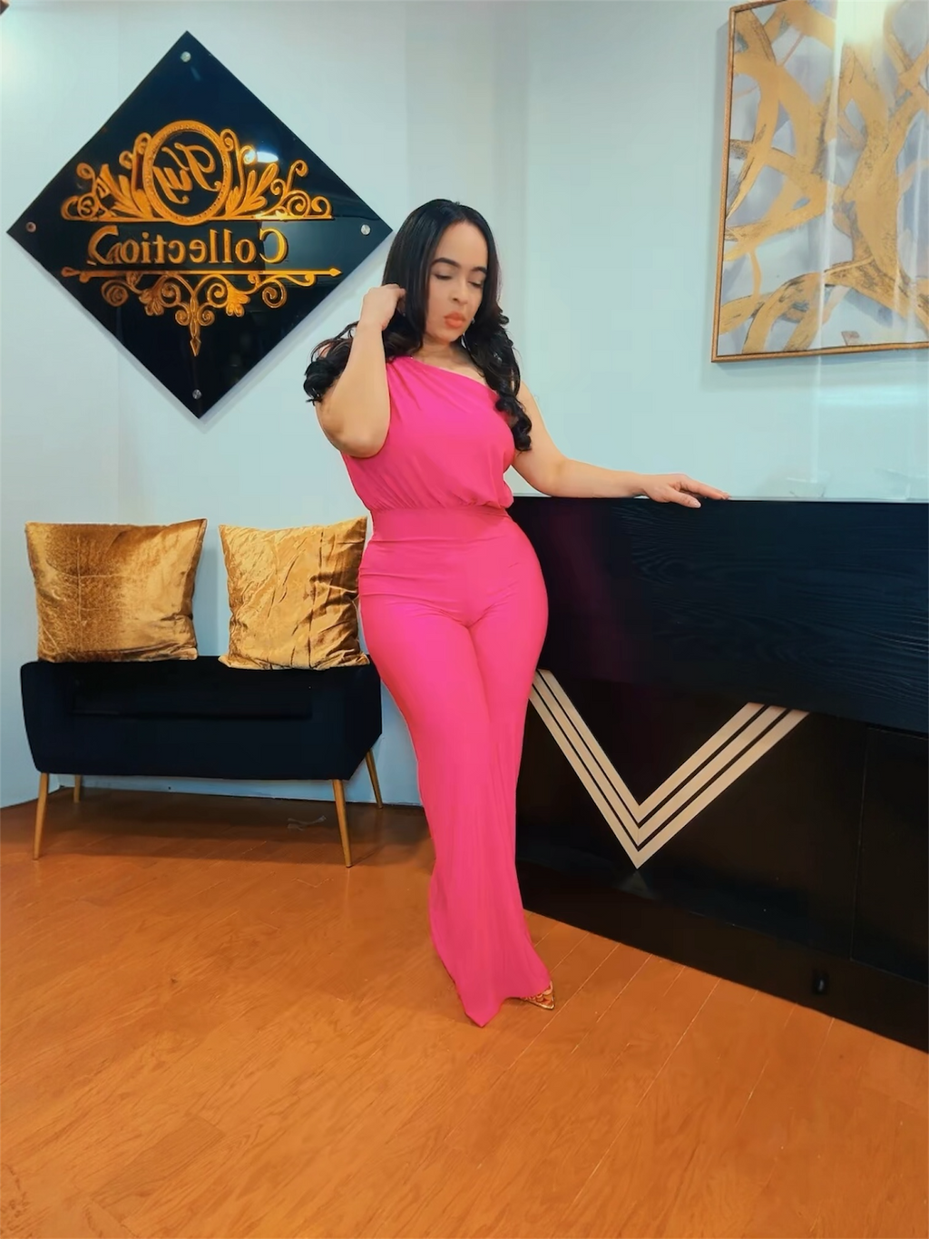 One shoulder jumpsuit pink